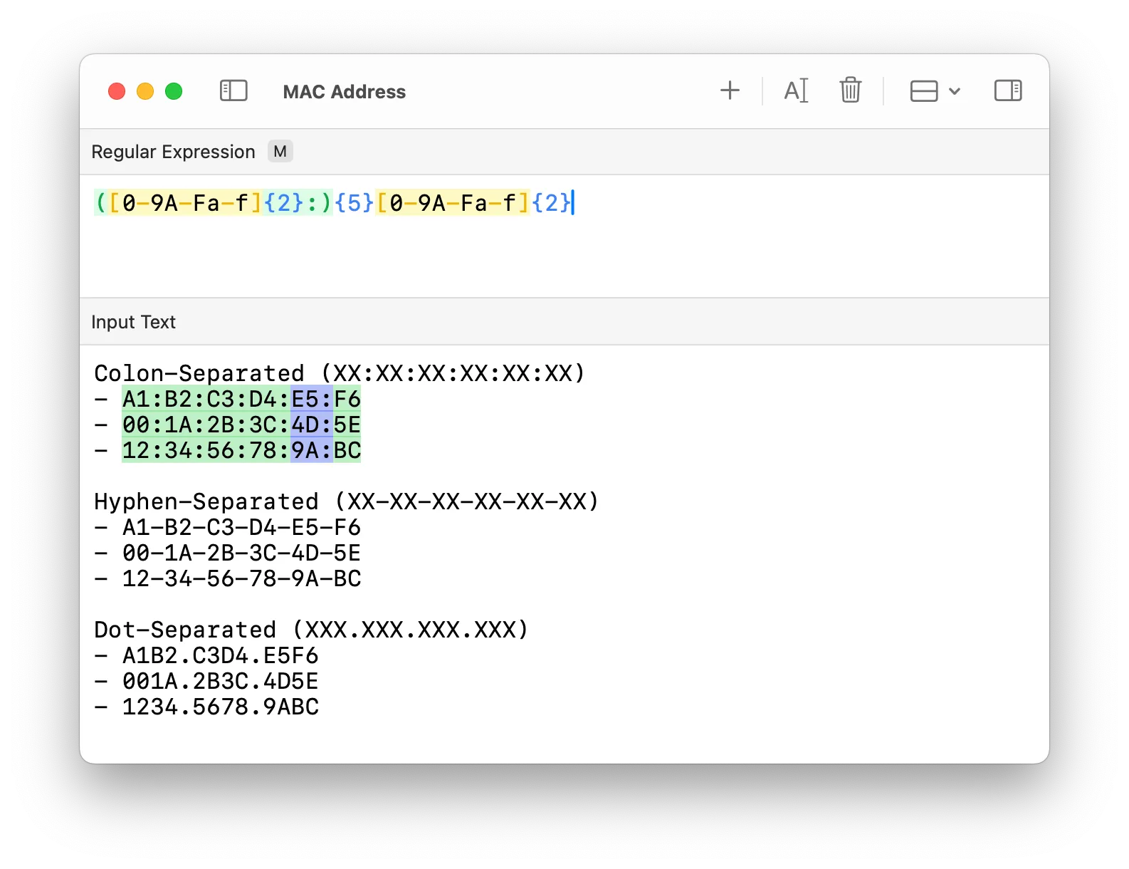 Matching colon-separated MAC addresses